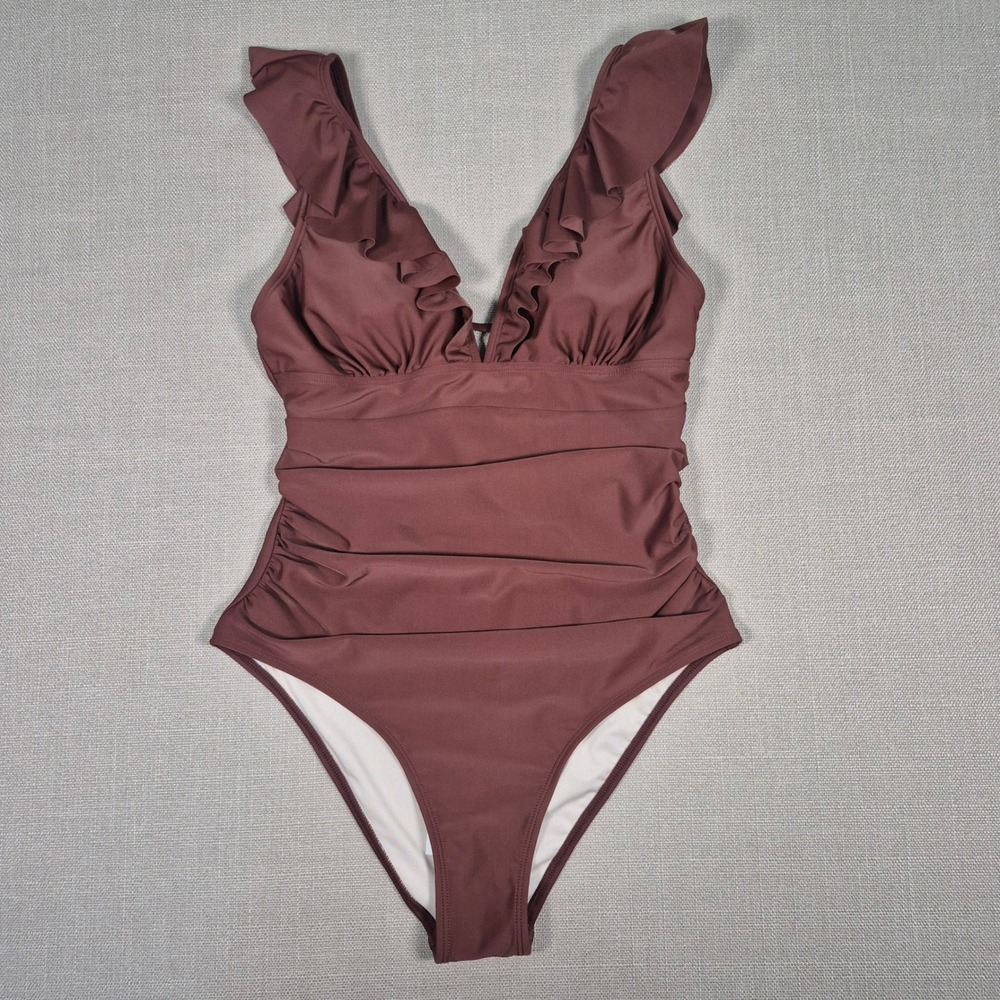 Cupshe Burgundy Ruffle V-Neck Ruched Tummy Control One Piece Swimsuit Medium NWT
